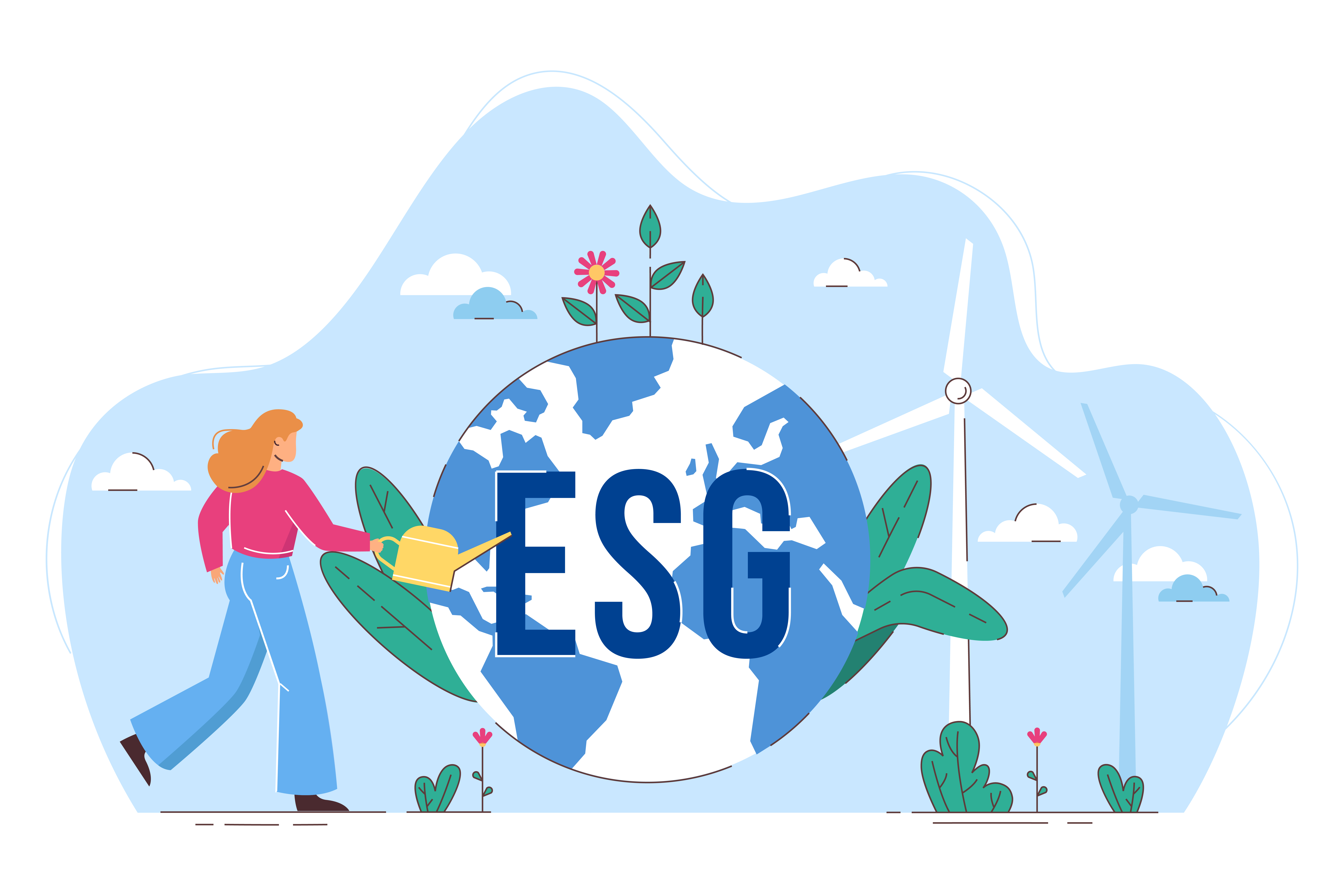 Flat ESG environmental and saving Earth Flat ESG concept of environmental and sustainability in business. Woman watering globe with flowers, saving Earth. Girl care of planet and nature. Environment, ecology and nature protection.